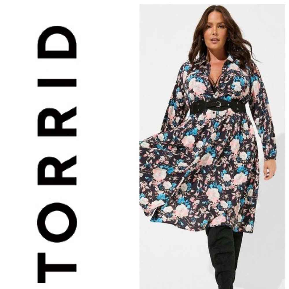 NWT TORRID Midi Studio Crepe De Chine Long Sleeve Button Front Shirtdress Large
